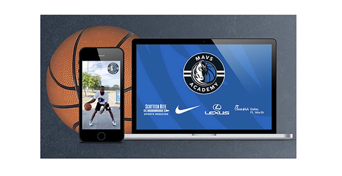 MAVS SCOTTISH RITE Токово SPORTS MEDICINE ACADEMY IL LEXUS Buick 44.x Dallas Ft. Worth. A phone and a laptop with the mavs academy logo on the screen